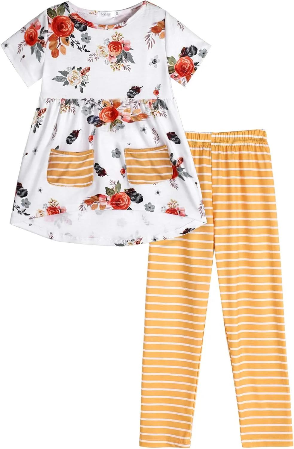 Arshiner Toddler Girls Outfits Floral Hi-Lo Tops pants Sets Short SLeeve 2pcs Pants Sets with Pockets