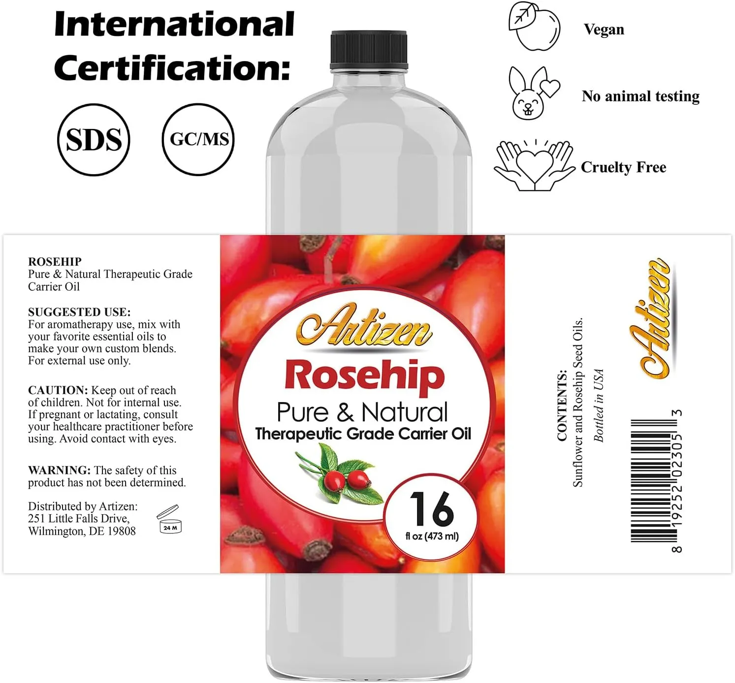 Artizen Pure & Natural 16oz Rosehip Oil for Face, Skin, Body, Hair, Nails & Aromatherapy – Cold Pressed from Fresh Roses & Rose Seeds