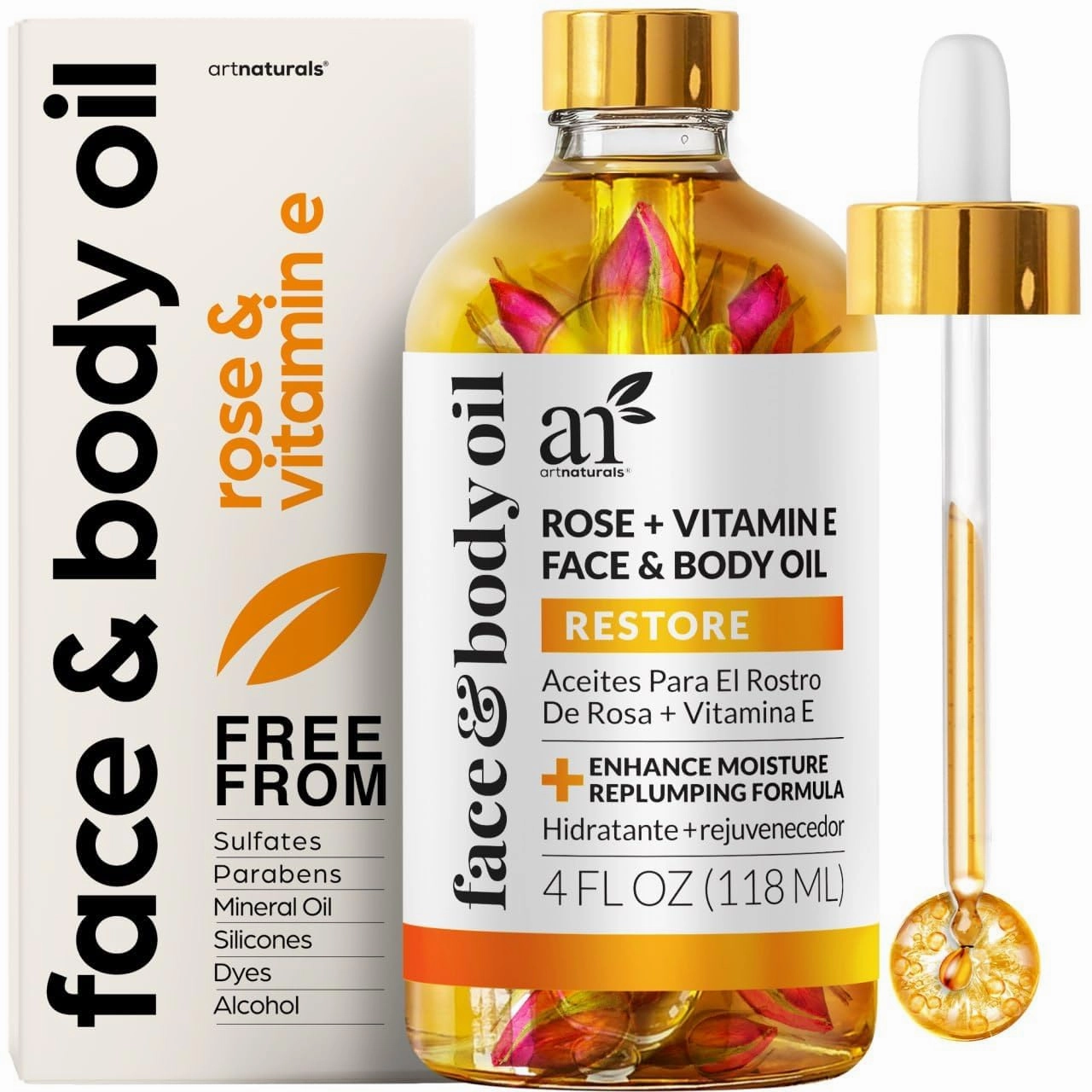 Artnaturals Organic Rose   Vitamin E Face Oil 4.0oz - for Body & Hair - 100% Natural, Moisturize, Rejuvenate & Enhance your skin - Anti-Aging Moisturizer Facial Oil for Fine Lines, Scars & Wrinkles