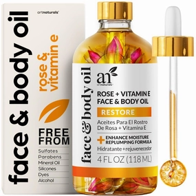 Artnaturals Organic Rose   Vitamin E Face Oil 4.0oz - for Body & Hair - 100% Natural, Moisturize, Rejuvenate & Enhance your skin - Anti-Aging Moisturizer Facial Oil for Fine Lines, Scars & Wrinkles