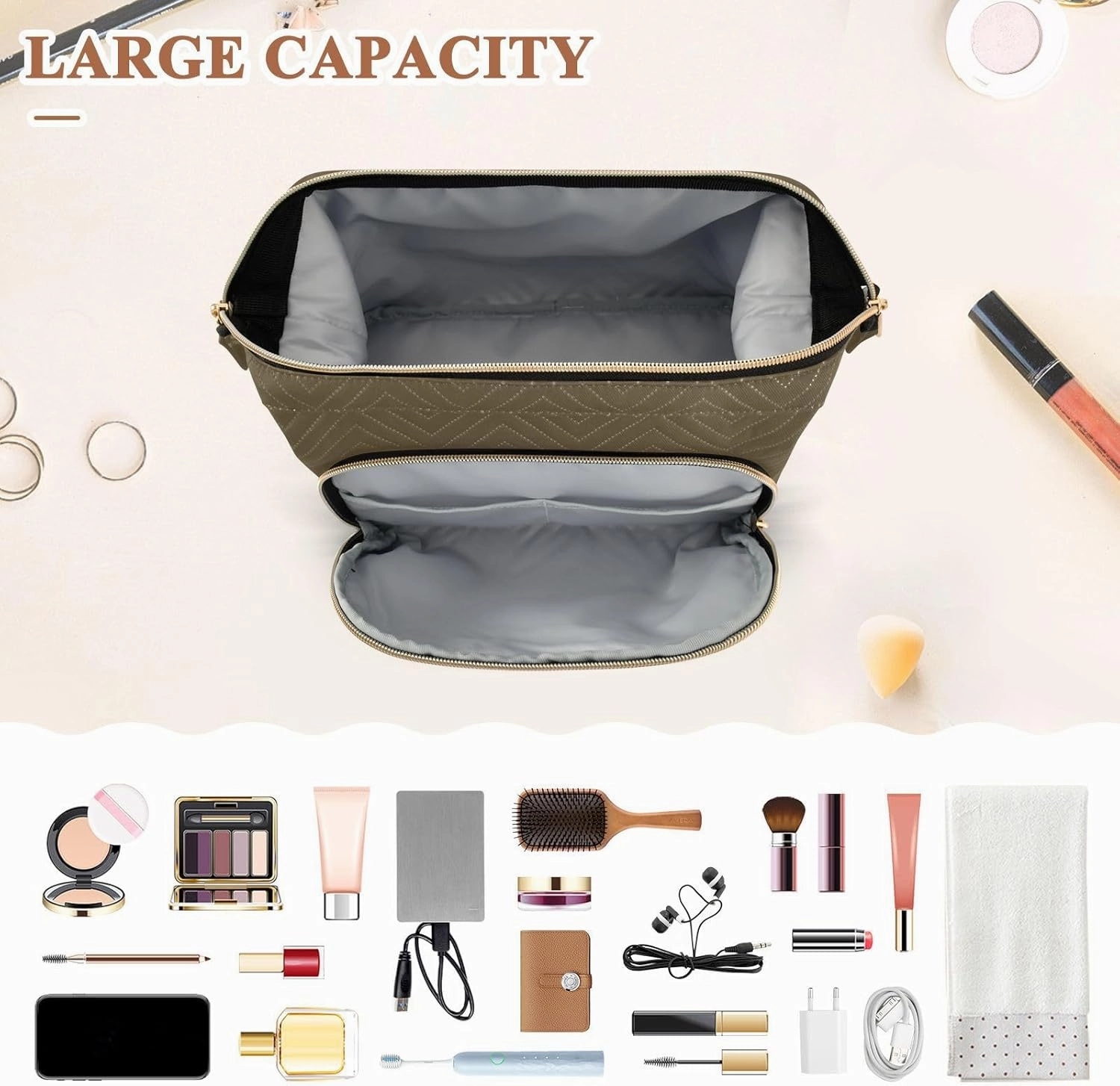Ash Brown Makeup Bag Travel Toiletry Bag Cute Cosmetic Bag Pouch Make Up Bags Small Makeup Box Case Skincare Bag Organizer for Women Men Purse Adults Trip Sports Toiletries