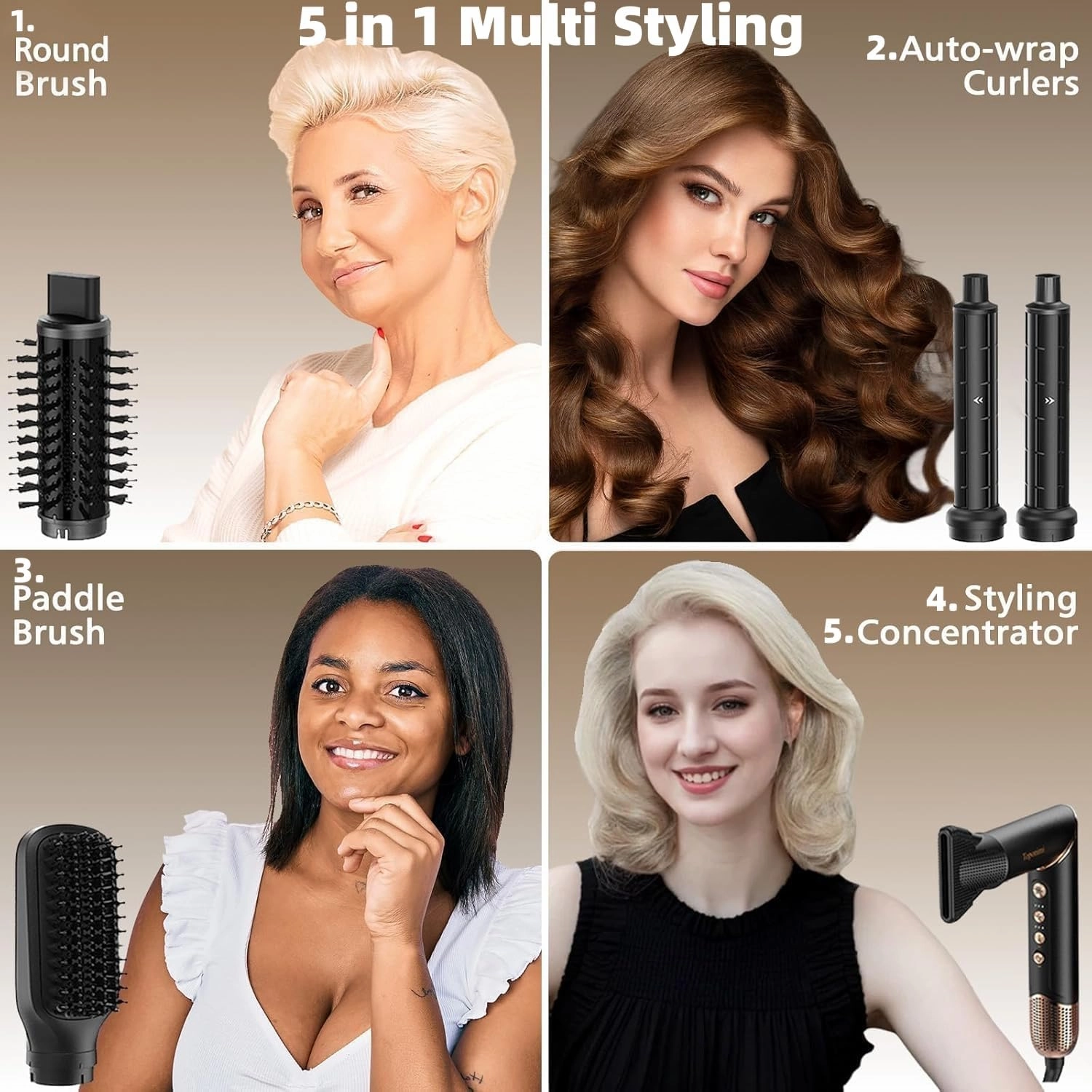 Auto Wrap Air Hair Styler & Dryer, 5 in 1 Multi Styling Hot Air Dryer Brush Curler for Hair, High Speed 110000 RPM Negative Lonic Frizz-Free, Fast Drying Curling Volumizing Straightening Magic Styler