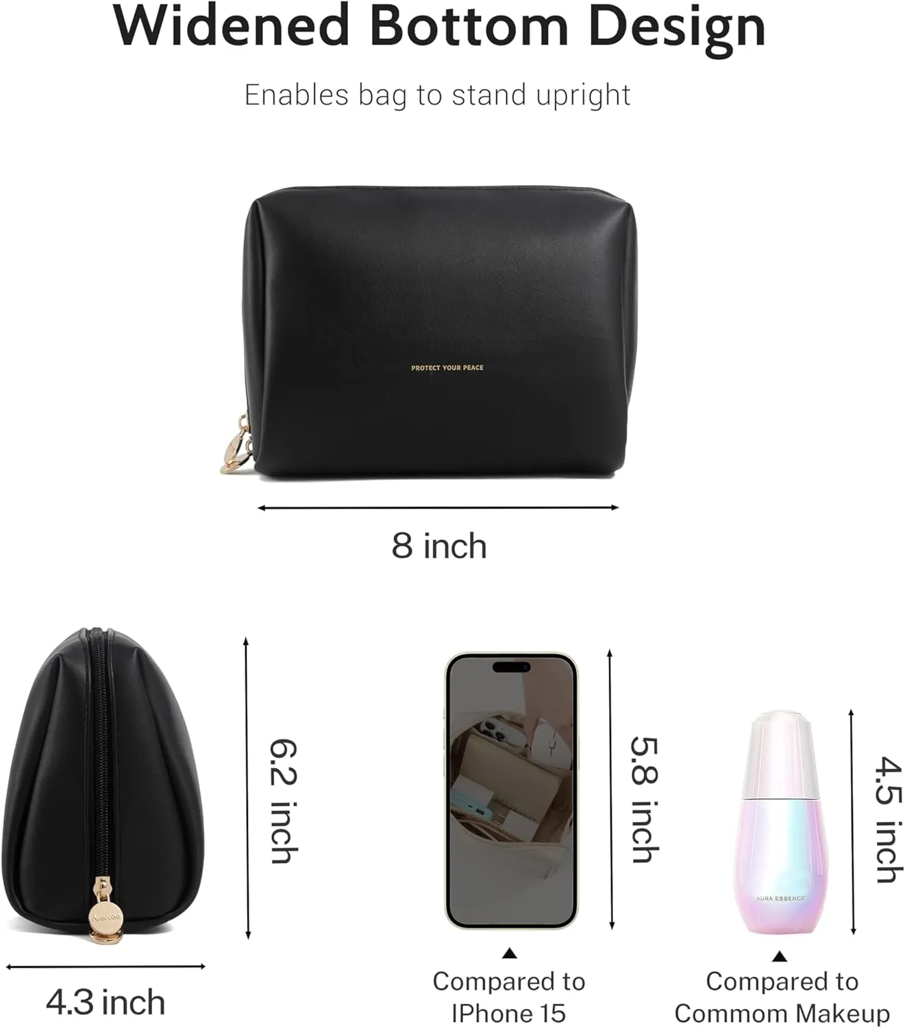 Aveniee Travel Makeup Bag Pouch, Large Toiletry Bag for Women, Vegan Leather Cosmetic Pouches Make Up Bag for Travel Essentials Brushes, Bag Purse Organizer with Divider and Dual Zippers(Black)