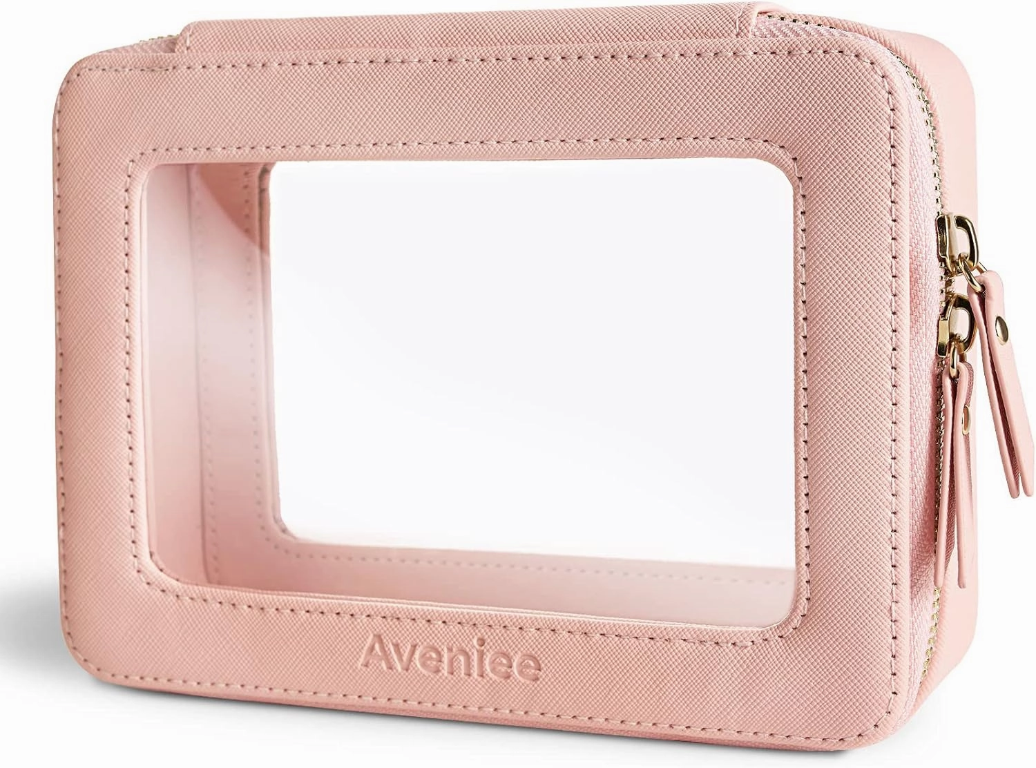 Aveniee Clear Makeup Bag Organizer, Portable Travel Toiletry Cosmetic Bag Case for Women, Heavy Duty Vegan Leather Make Up Pouch with Transparent Vinyl Windows & Gold Zippers(Pink)