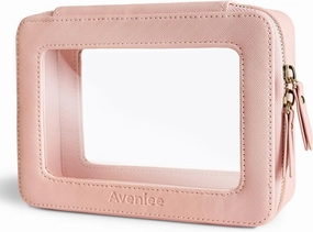 Aveniee Clear Makeup Bag Organizer, Portable Travel Toiletry Cosmetic Bag Case for Women, Heavy Duty Vegan Leather Make Up Pouch with Transparent Vinyl Windows & Gold Zippers(Pink)
