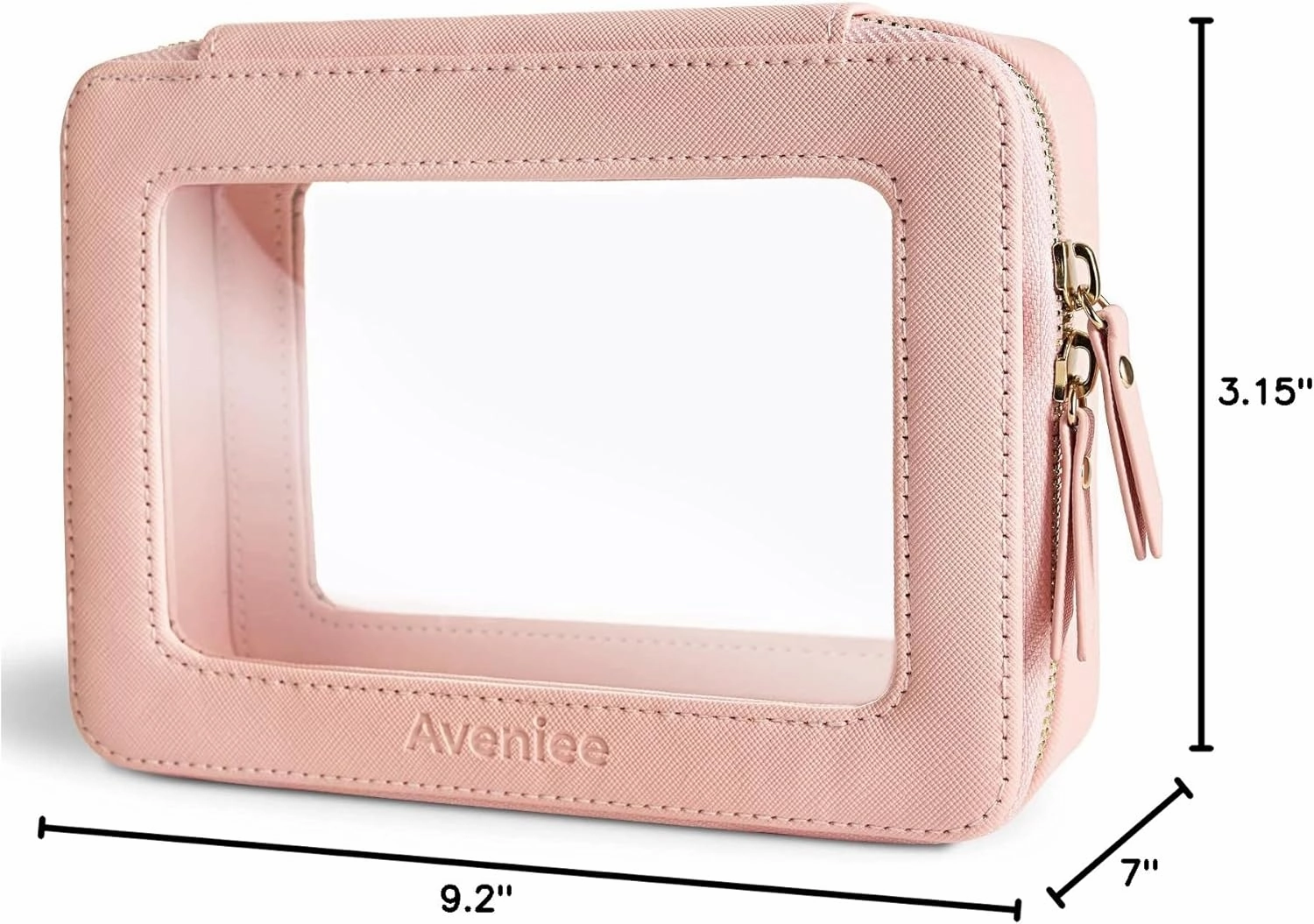 Aveniee Clear Makeup Bag Organizer, Portable Travel Toiletry Cosmetic Bag Case for Women, Heavy Duty Vegan Leather Make Up Pouch with Transparent Vinyl Windows & Gold Zippers(Pink)
