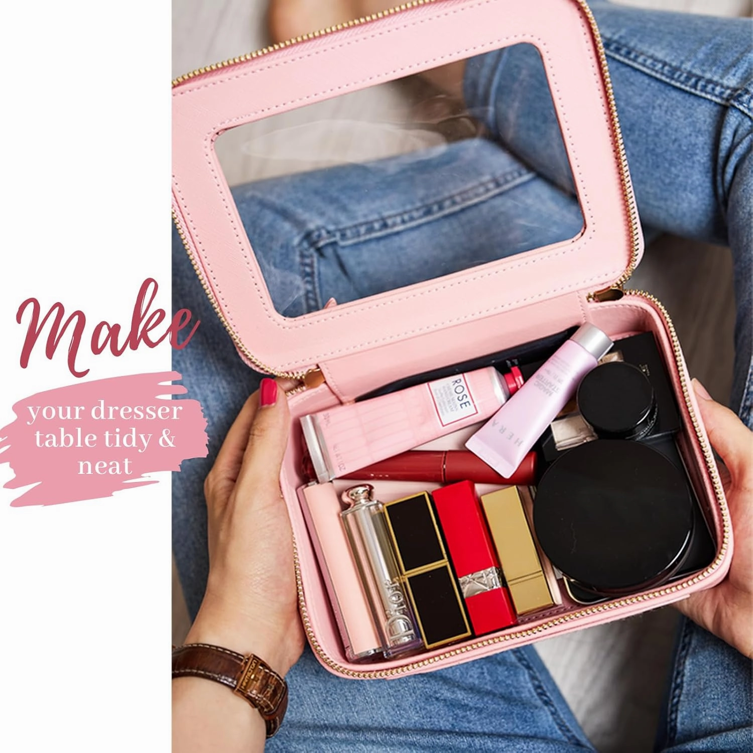 Aveniee Clear Makeup Bag Organizer, Portable Travel Toiletry Cosmetic Bag Case for Women, Heavy Duty Vegan Leather Make Up Pouch with Transparent Vinyl Windows & Gold Zippers(Pink)