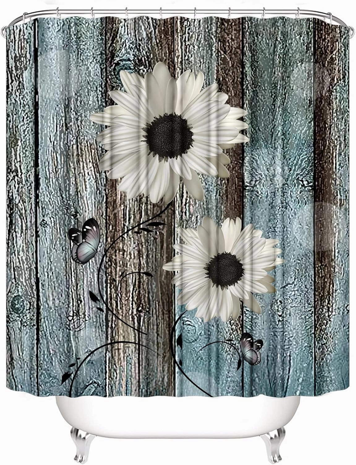 AZHM White Daisy Flower Shower Curtain Sets with Rugs 4 Piece Rustic Flower Floral Wood Panel Bathroom Decor Set with Rugs Toilet Lid Cover and Bath Mat Farmhouse Bathroom Shower Set