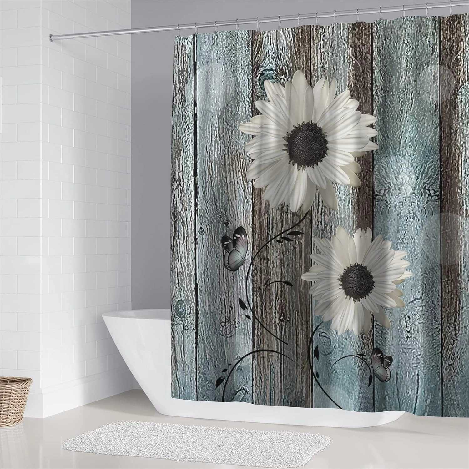 AZHM White Daisy Flower Shower Curtain Sets with Rugs 4 Piece Rustic Flower Floral Wood Panel Bathroom Decor Set with Rugs Toilet Lid Cover and Bath Mat Farmhouse Bathroom Shower Set