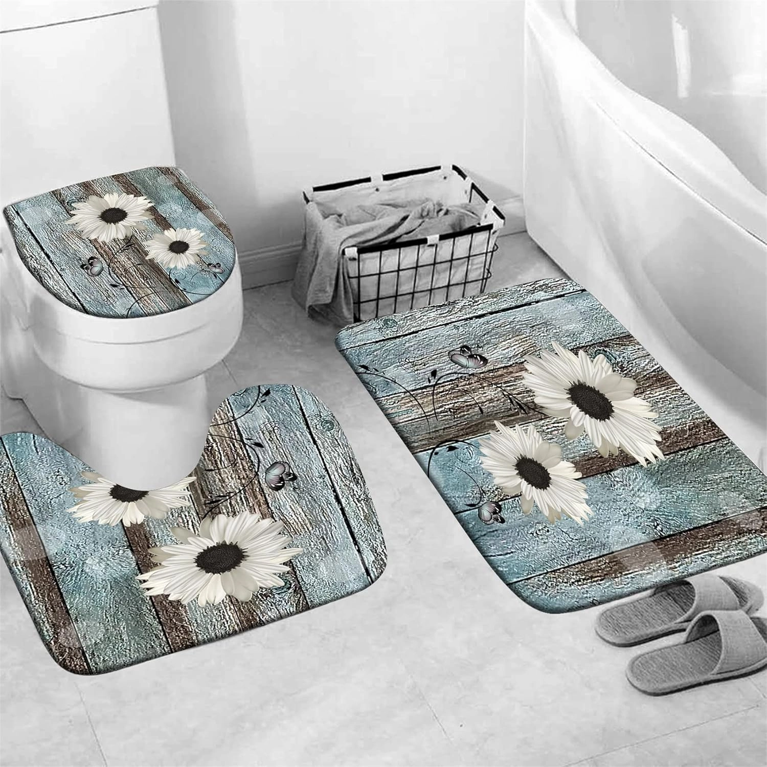 AZHM White Daisy Flower Shower Curtain Sets with Rugs 4 Piece Rustic Flower Floral Wood Panel Bathroom Decor Set with Rugs Toilet Lid Cover and Bath Mat Farmhouse Bathroom Shower Set
