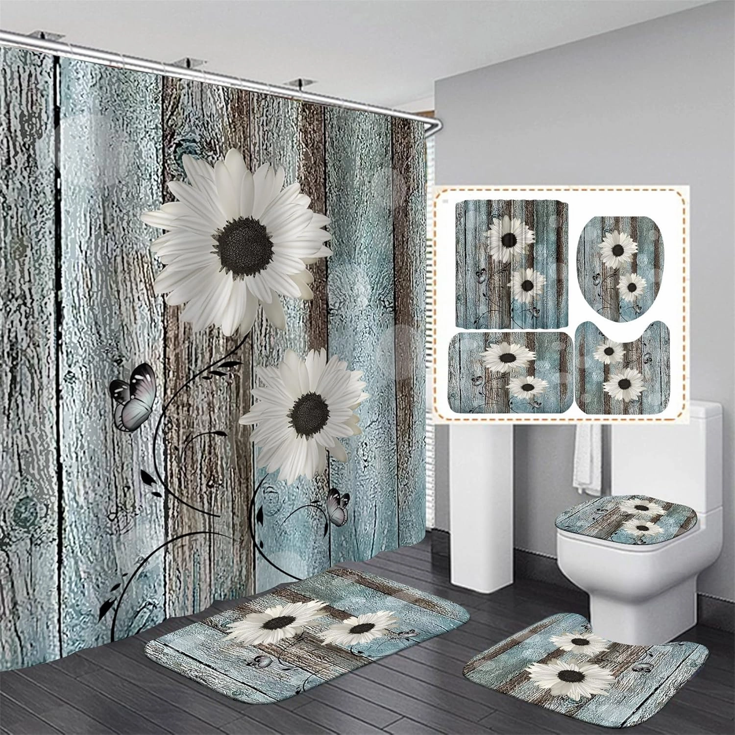 AZHM White Daisy Flower Shower Curtain Sets with Rugs 4 Piece Rustic Flower Floral Wood Panel Bathroom Decor Set with Rugs Toilet Lid Cover and Bath Mat Farmhouse Bathroom Shower Set