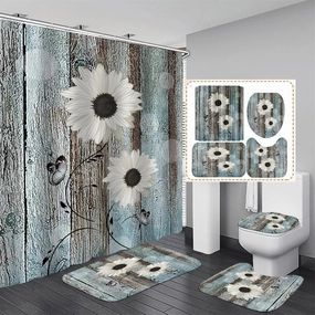 AZHM White Daisy Flower Shower Curtain Sets with Rugs 4 Piece Rustic Flower Floral Wood Panel Bathroom Decor Set with Rugs Toilet Lid Cover and Bath Mat Farmhouse Bathroom Shower Set