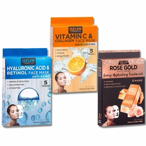 Azure Cosmetics Sheet Masks Value Set - Hyaluronic Acid & Retinol Anti Aging Facial Mask, Vitamin C & Collagen Moisturizing Facial Sheet, Rose Gold Luxury Hydrating Face Mask (5 Masks)