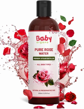 B- Organo. co. Pure Rose Water, Premium Steam Distilled, Natural Facial Toner for All Skin Types, 200ml/6.76 fl oz