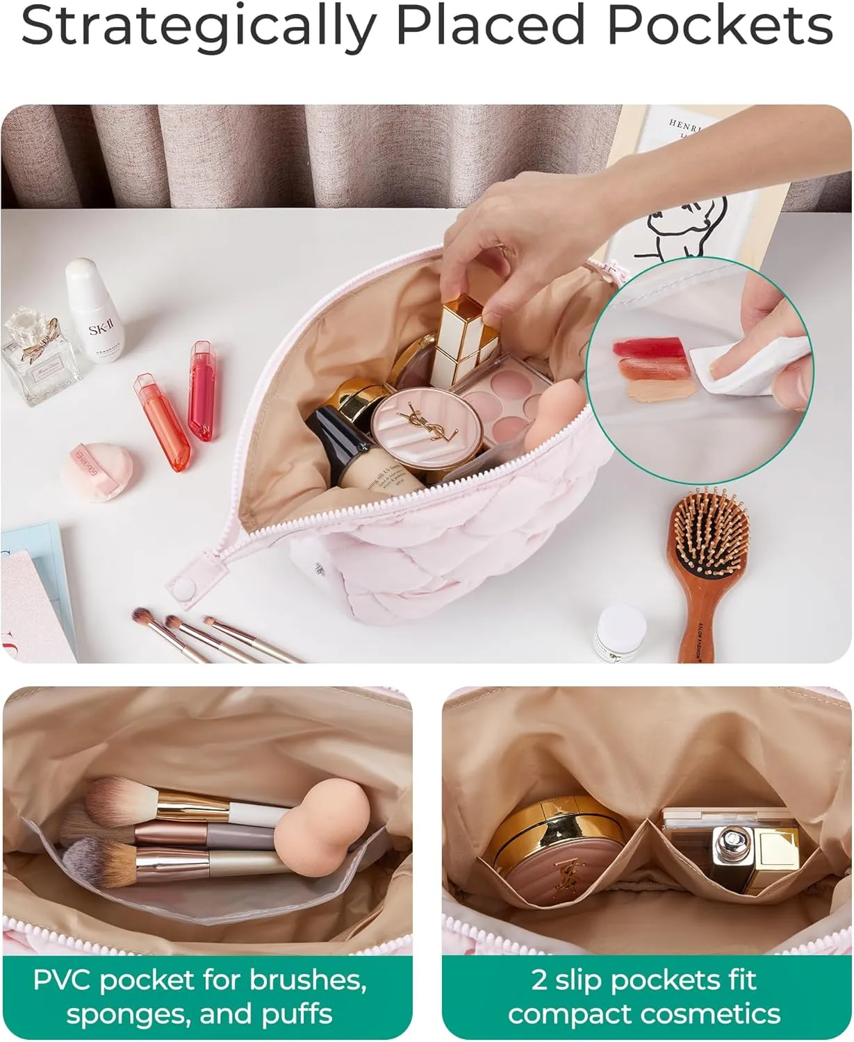 BAGSMART Quilted Travel Makeup Bag, Puffy Toiletry Organizer with Wide Opening, Cosmetic Storage for Women's Accessories, Lake bule