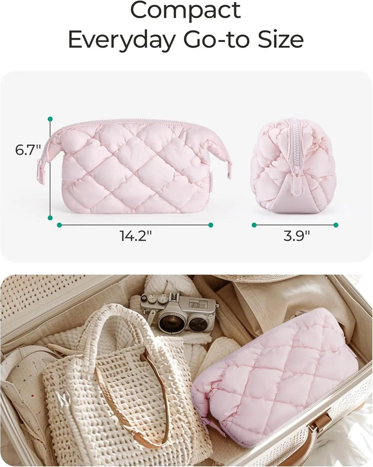 BAGSMART Quilted Travel Makeup Bag, Puffy Toiletry Organizer with Wide Opening, Cosmetic Storage for Women's Accessories, Lake bule