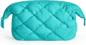 BAGSMART Quilted Travel Makeup Bag, Puffy Toiletry Organizer with Wide Opening, Cosmetic Storage for Women's Accessories, Lake bule