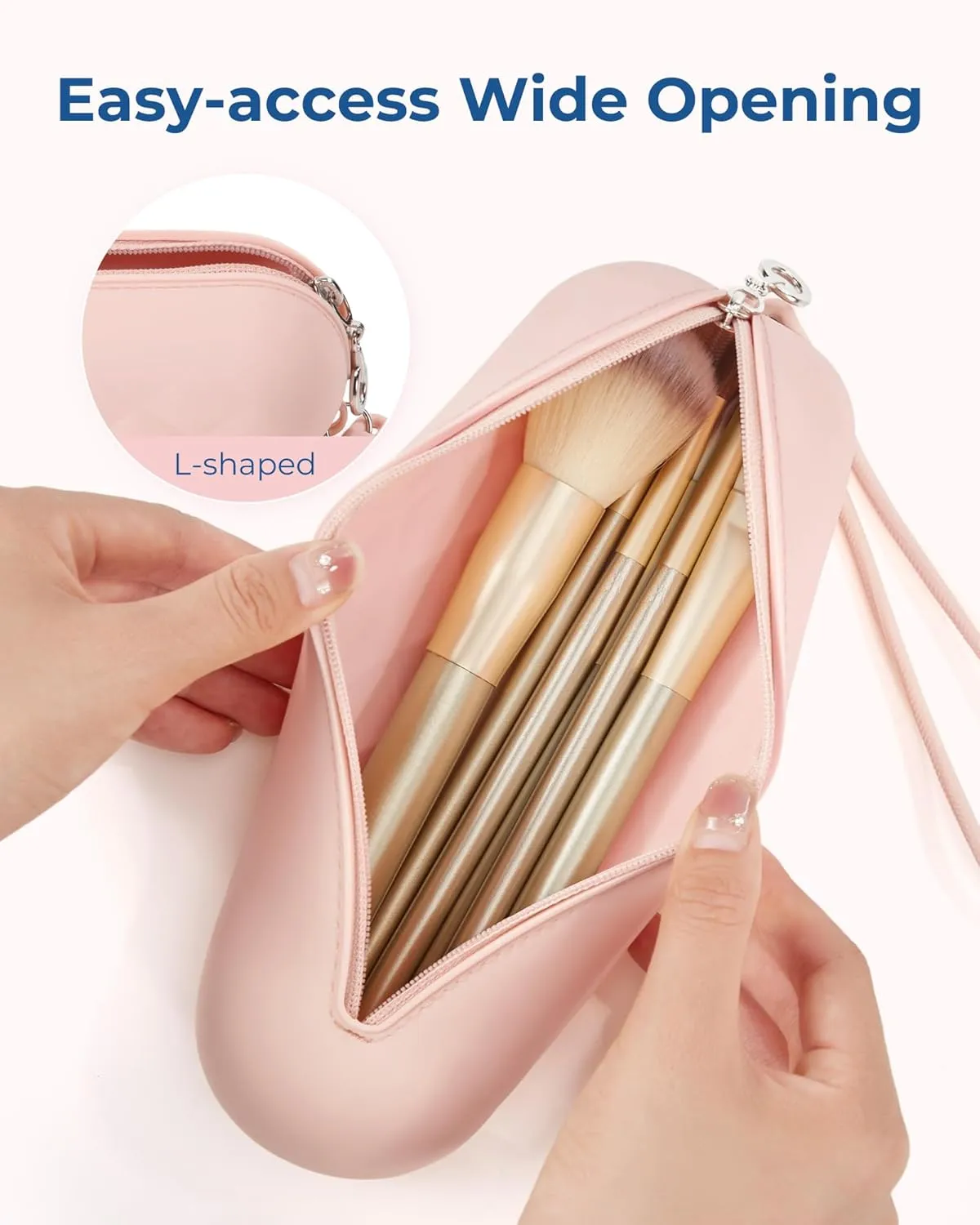 BAGSMART Travel Makeup Brush Holder Bag with Metal Zipper Closure, Travel Makeup Brush Case Cosmetic Bag, Silicone Soft Portable Face Brushes Travel Essentials Organizer Holder, Pink
