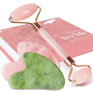 BAIMEI Rose Quartz Roller Set & Xiuyan Jade Gua Sha – Face Massager Tool and Guasha Tool for Face
