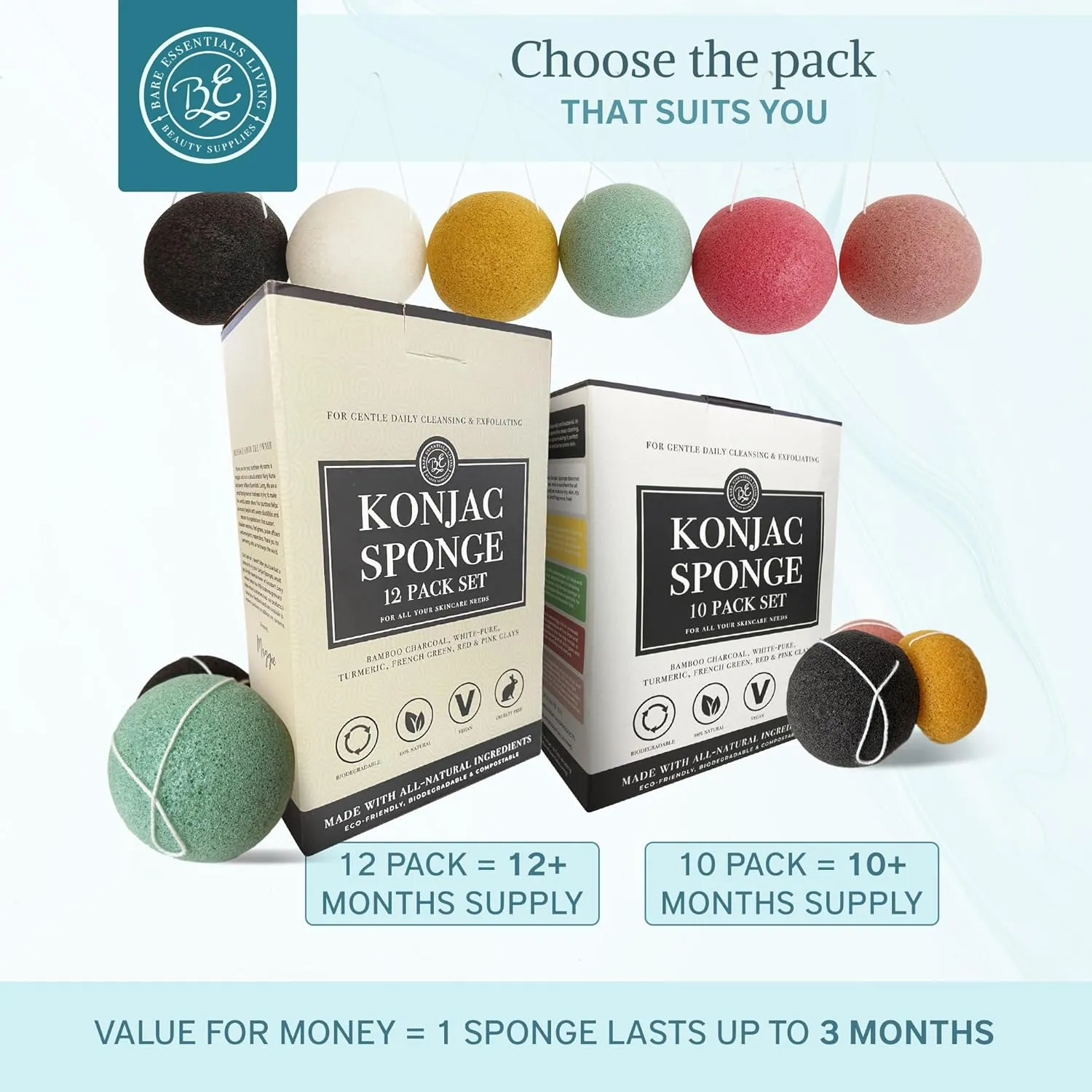 Bare Essentials Living - Konjac Sponges Set (12 Pack) with Activated Bamboo Charcoal Facial Sponge, Natural, Great for Facials, Bath, and Exfoliating Body Sponge