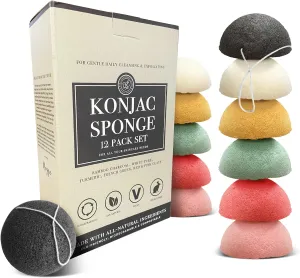 Bare Essentials Living - Konjac Sponges Set (12 Pack) with Activated Bamboo Charcoal Facial Sponge, Natural, Great for Facials, Bath, and Exfoliating Body Sponge