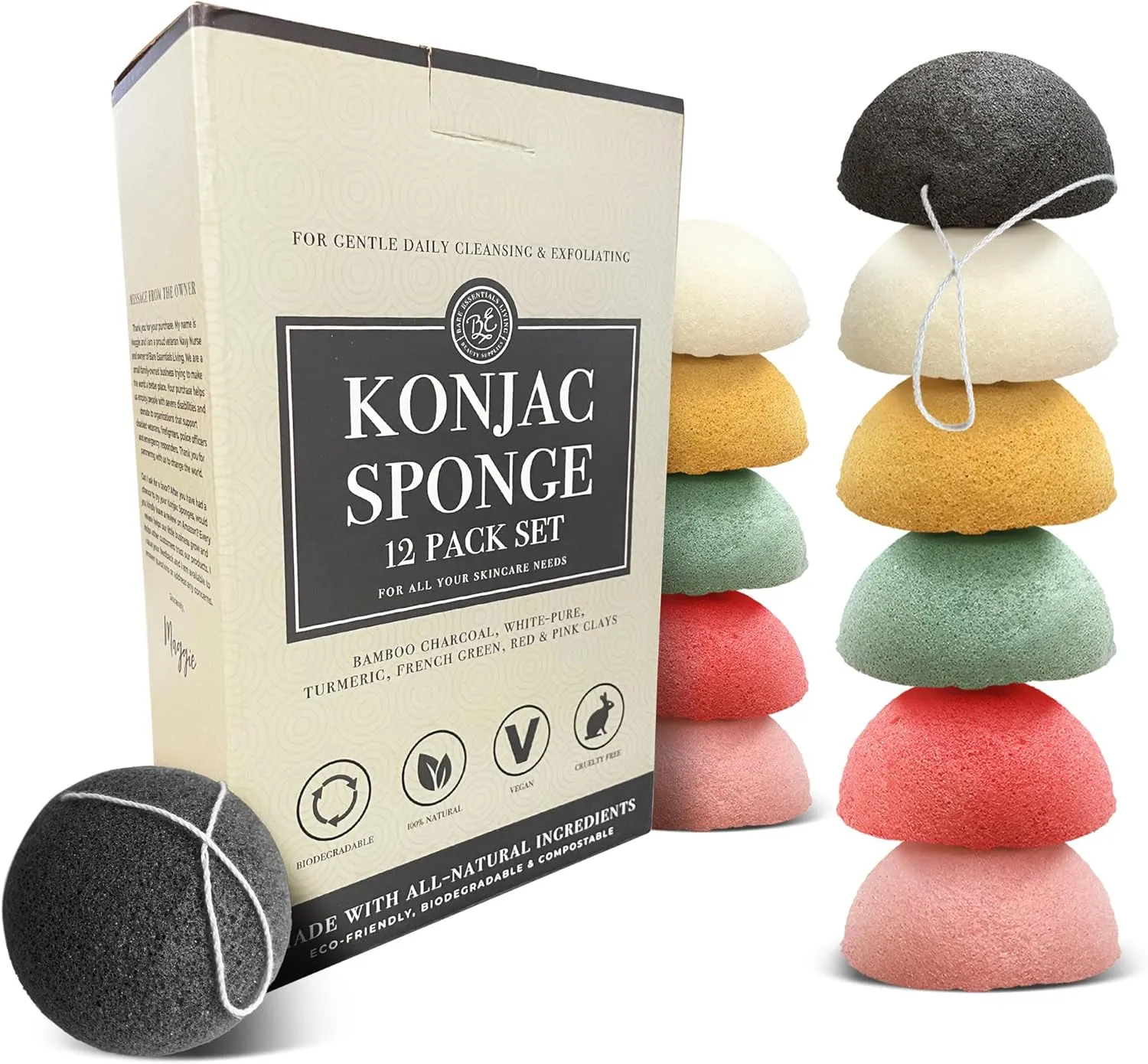 Bare Essentials Living - Konjac Sponges Set (12 Pack) with Activated Bamboo Charcoal Facial Sponge, Natural, Great for Facials, Bath, and Exfoliating Body Sponge