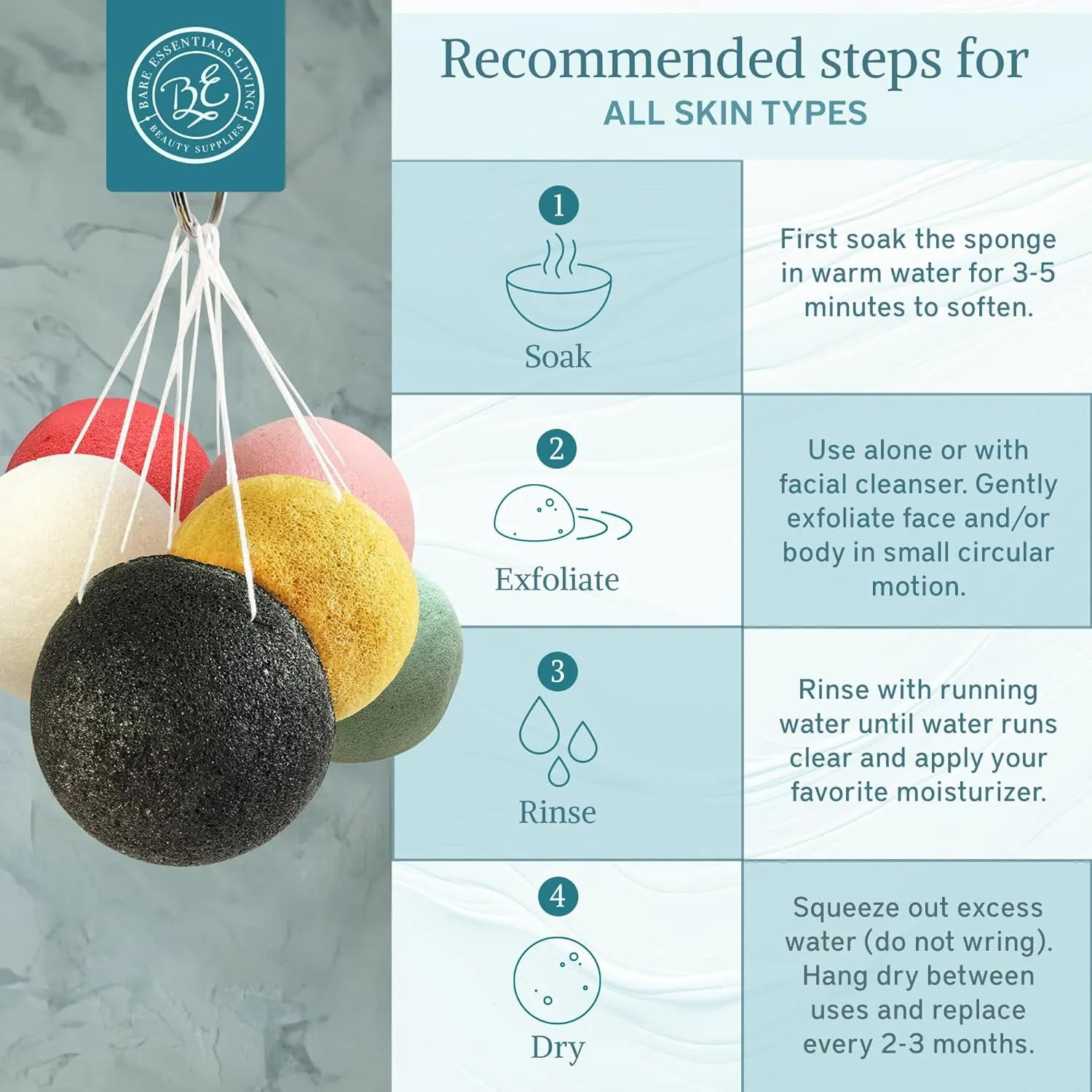 Bare Essentials Living - Konjac Sponges Set (12 Pack) with Activated Bamboo Charcoal Facial Sponge, Natural, Great for Facials, Bath, and Exfoliating Body Sponge