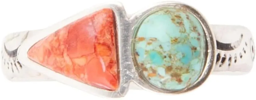 Barse Jewelry Blue Turquoise and Orange Coral Duo Sterling Silver Ring