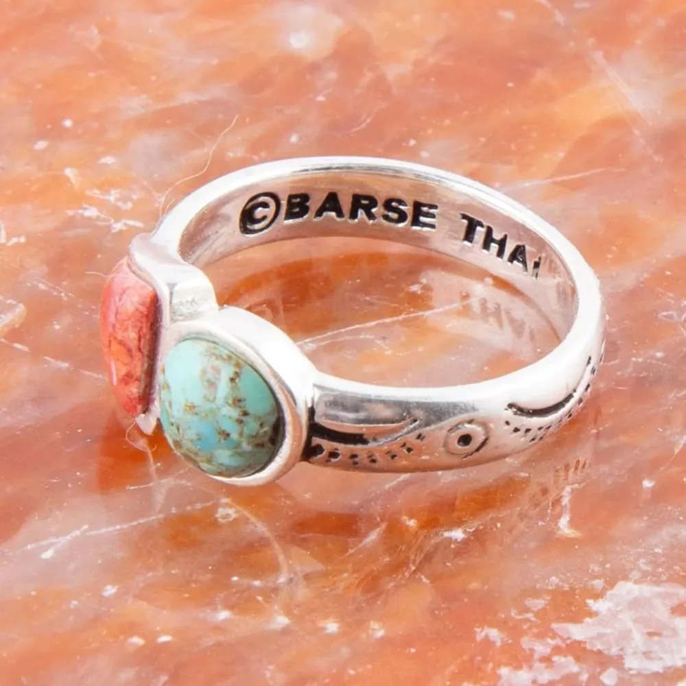 Barse Jewelry Blue Turquoise and Orange Coral Duo Sterling Silver Ring
