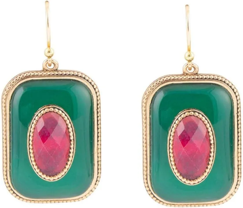 Barse Jewelry Green Onyx Stacked Red Stone Golden Drop Earrings