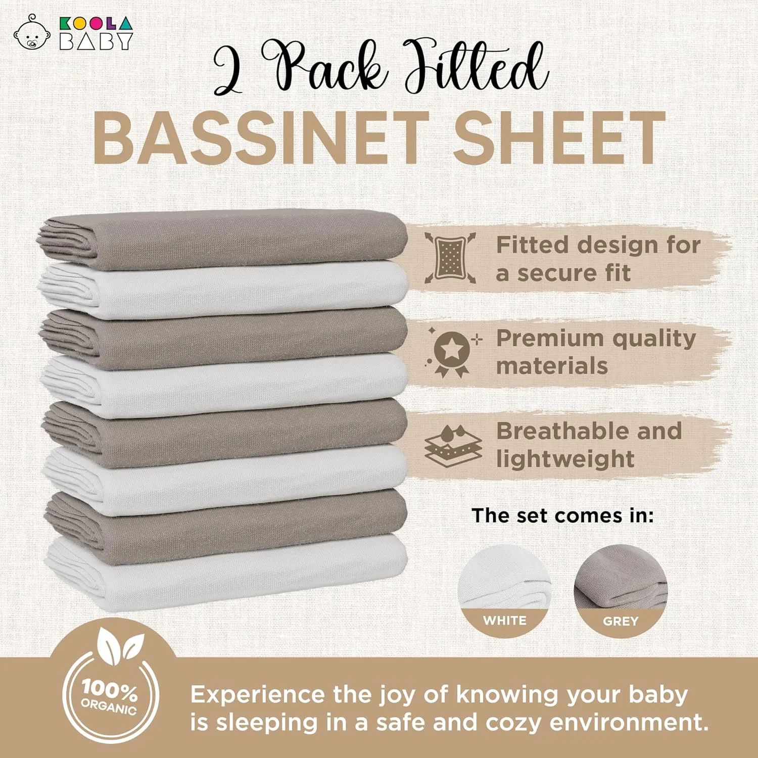Bassinet Fitted Sheets - Compatible with Chicco LullaGo Nest Portable Bassinet, Close to You 3-in-1 & Next2Me Bedside Bassinet | 100% Organic Jersey Cotton - White   Grey | 32x19 (2 Pack)