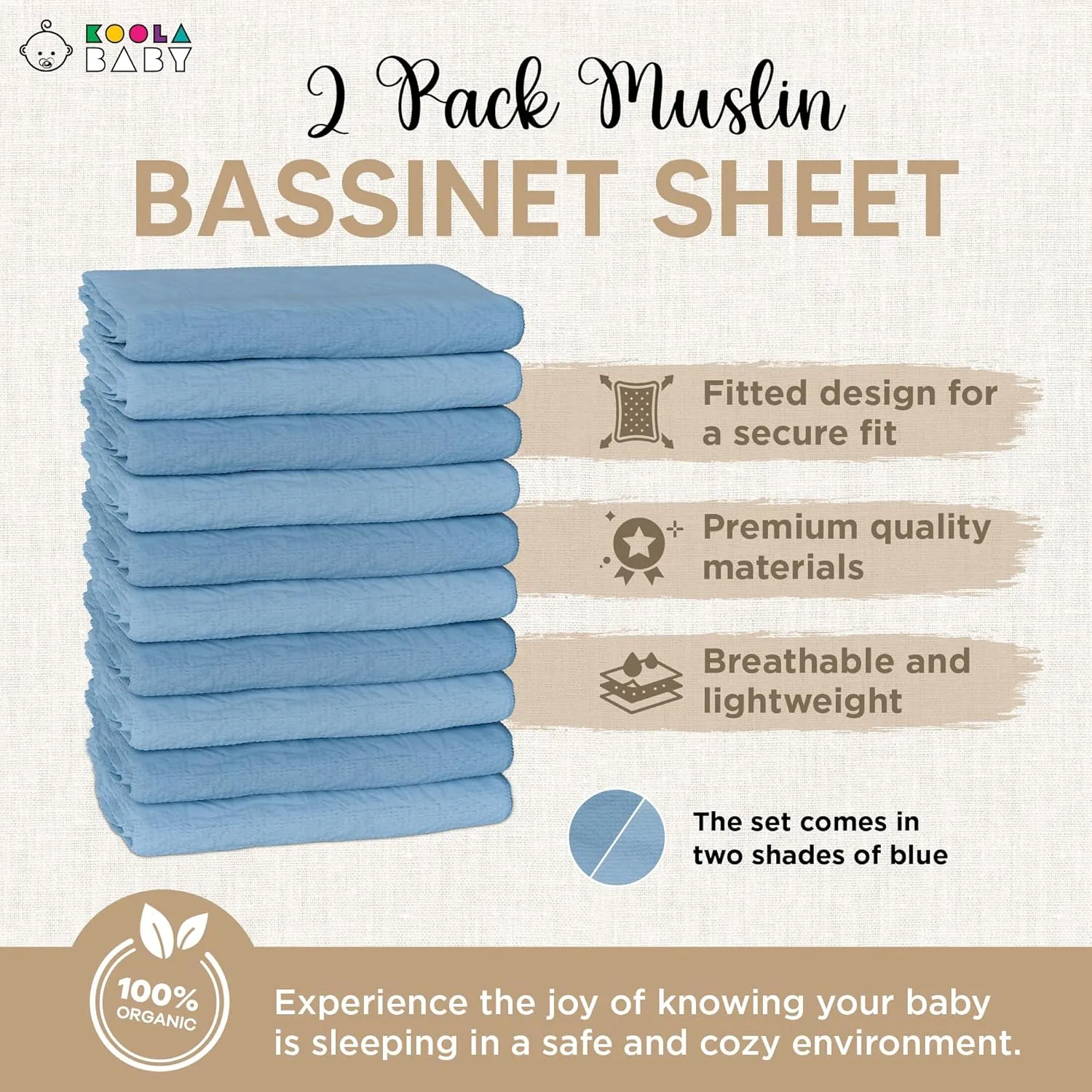 Bassinet Fitted Sheets - Compatible with Chicco LullaGo Nest Portable Bassinet, Close to You 3-in-1 & Next2Me Bedside Bassinet | 100% Organic Muslin Cotton -Light Blue   Dark Blue | 32x19 (2 Pack)