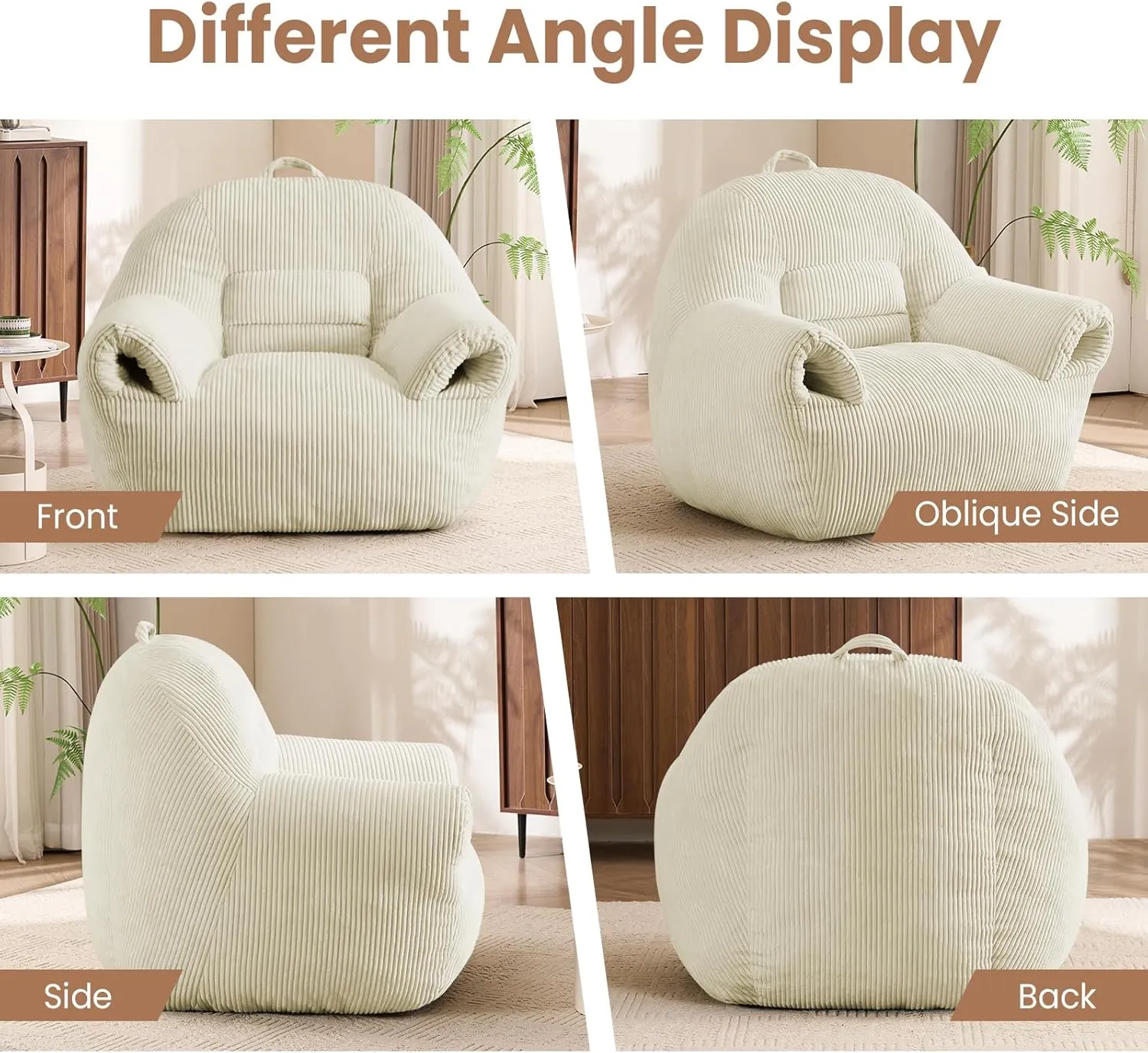 Bean Bag Chair for Adults Large Lazy Sofa with Armrests Comfy Beanbag Couch with Filler Floor Accent Chairs for Relaxing Reading in Bedroom Living Room Lounge Beige