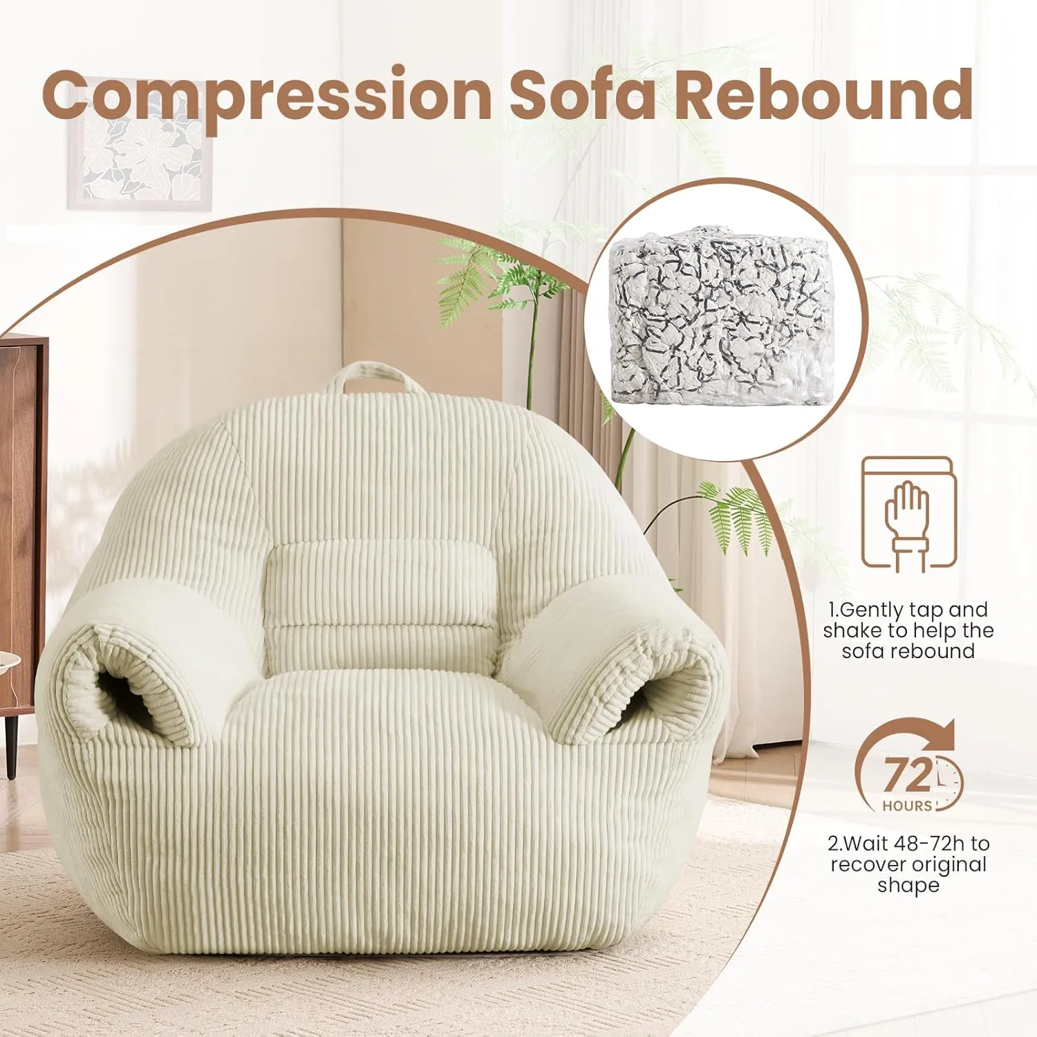 Bean Bag Chair for Adults Large Lazy Sofa with Armrests Comfy Beanbag Couch with Filler Floor Accent Chairs for Relaxing Reading in Bedroom Living Room Lounge Beige