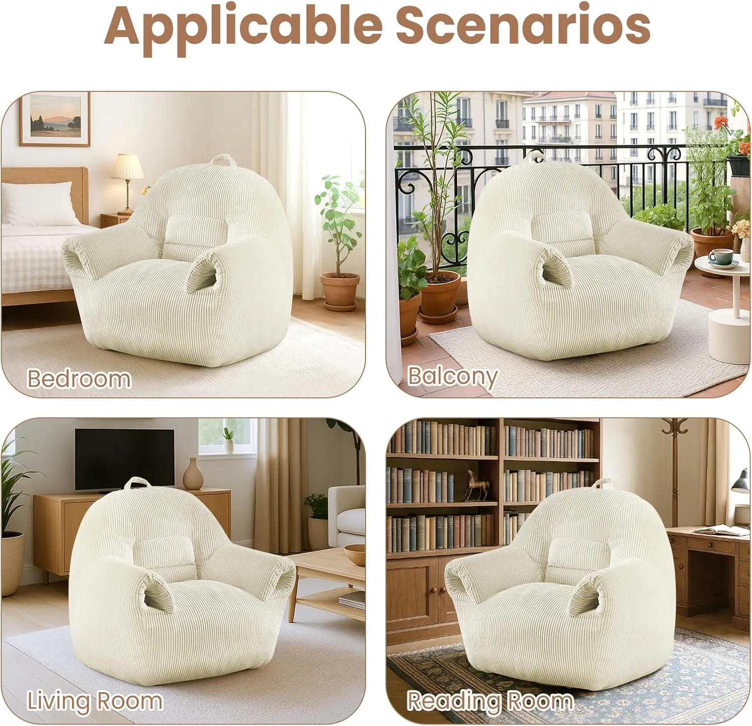 Bean Bag Chair for Adults Large Lazy Sofa with Armrests Comfy Beanbag Couch with Filler Floor Accent Chairs for Relaxing Reading in Bedroom Living Room Lounge Beige