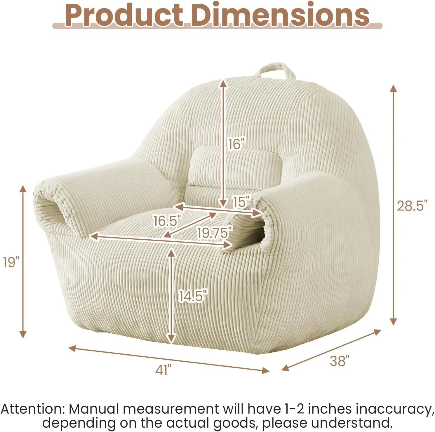 Bean Bag Chair for Adults Large Lazy Sofa with Armrests Comfy Beanbag Couch with Filler Floor Accent Chairs for Relaxing Reading in Bedroom Living Room Lounge Beige