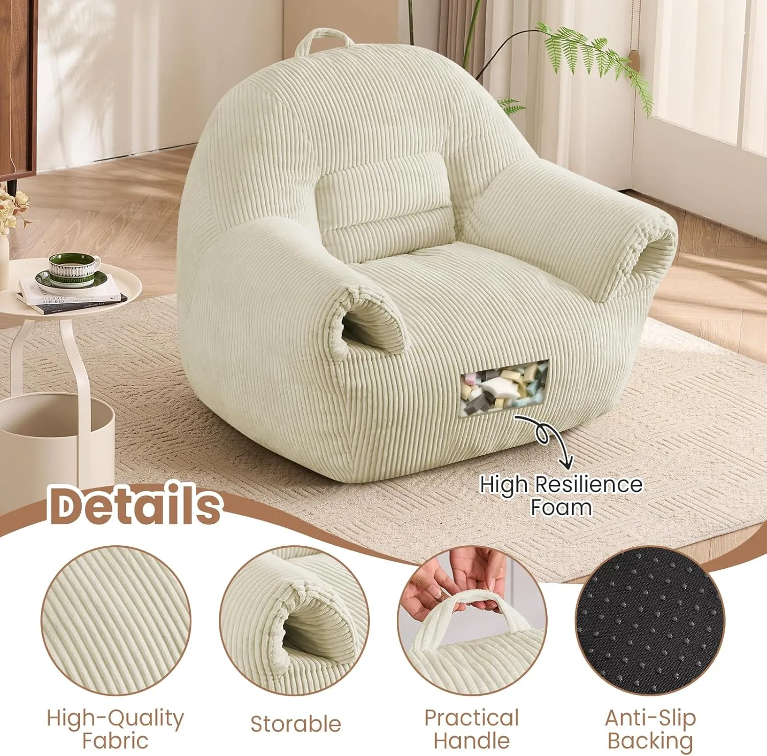 Bean Bag Chair for Adults Large Lazy Sofa with Armrests Comfy Beanbag Couch with Filler Floor Accent Chairs for Relaxing Reading in Bedroom Living Room Lounge Beige