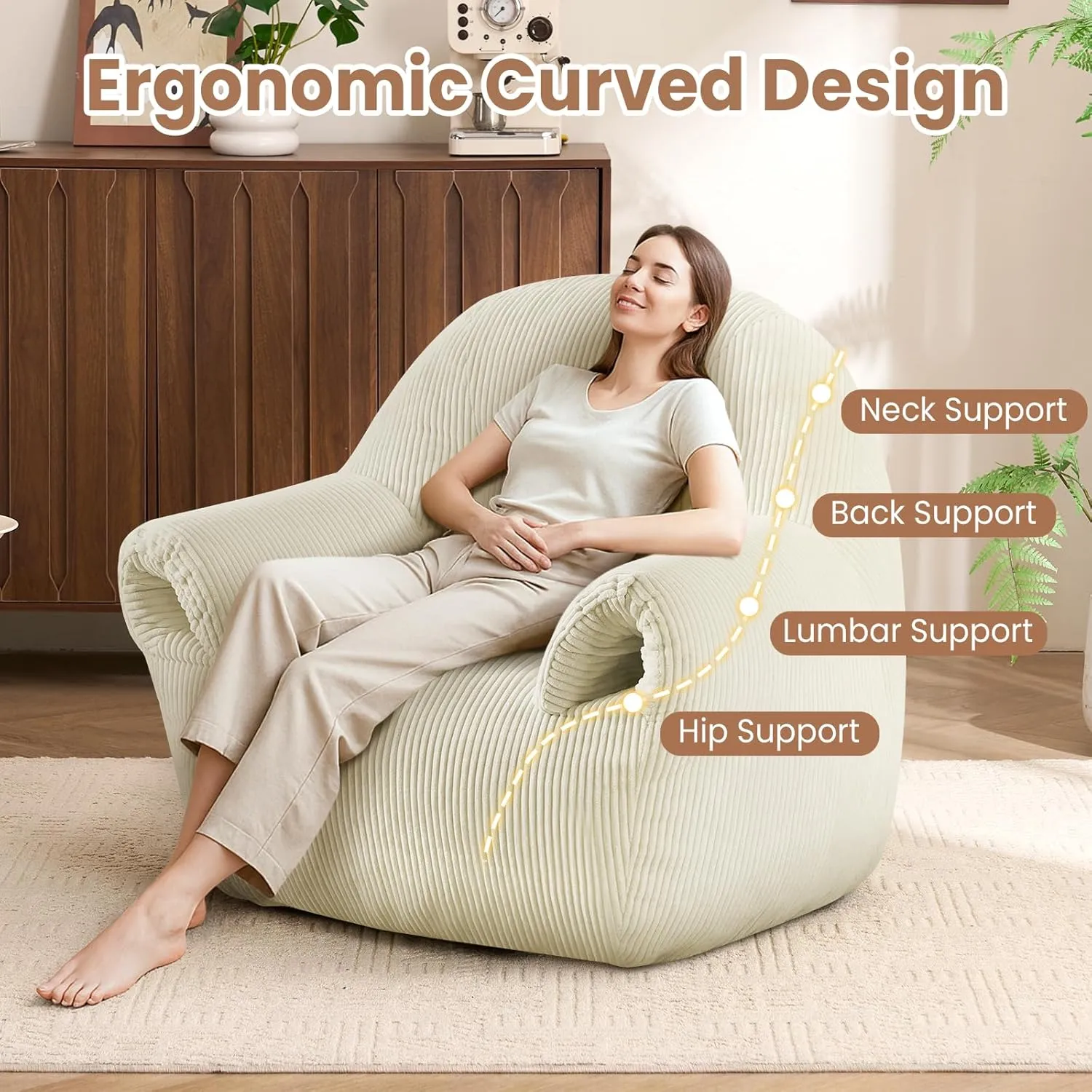 Bean Bag Chair for Adults Large Lazy Sofa with Armrests Comfy Beanbag Couch with Filler Floor Accent Chairs for Relaxing Reading in Bedroom Living Room Lounge Beige