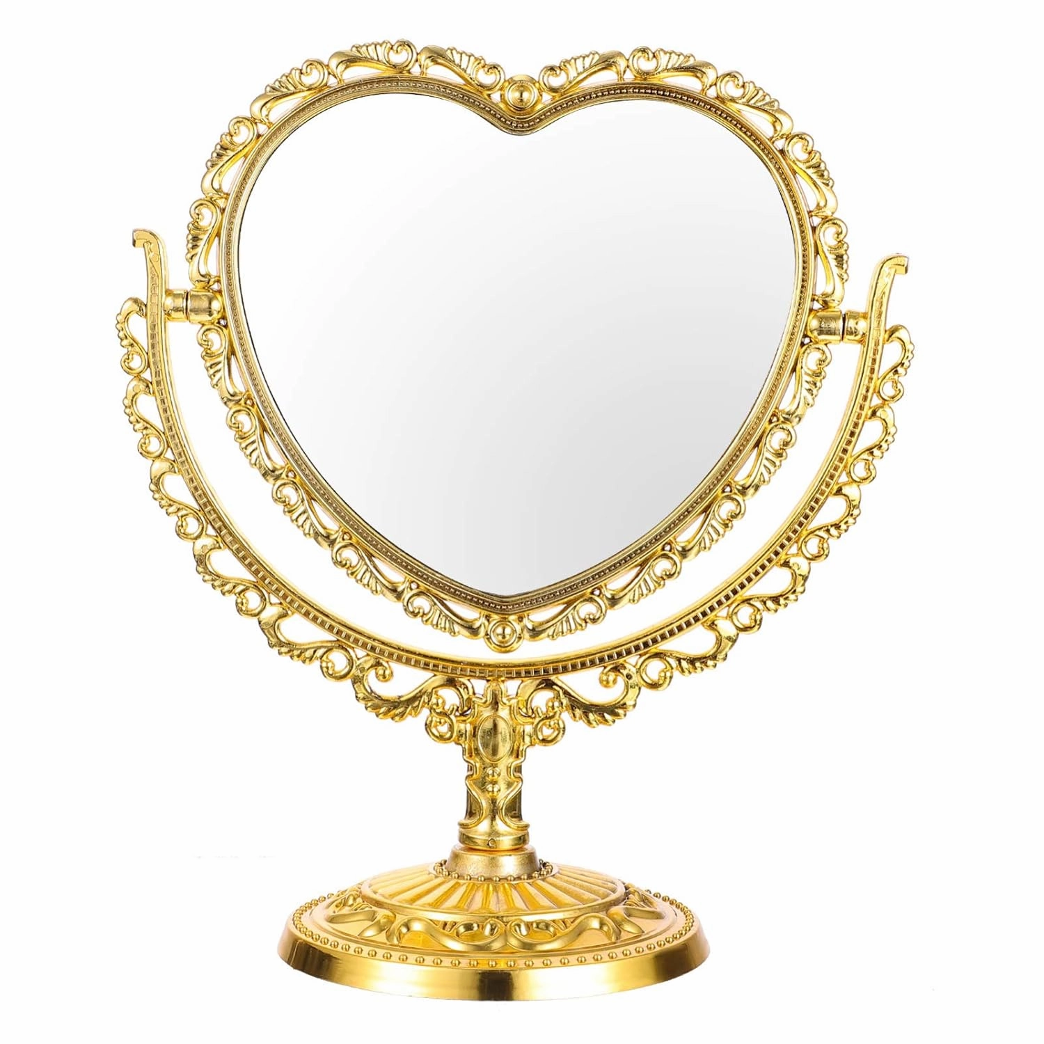 Beaupretty Coquette Room Decor Retro Vanity Mirror Heart Shape Two Sided Tabletop Makeup Mirror Stand Table Cosmetic Mirror with 360 Degree Rotation Mirror (Golden) Wall Mirror