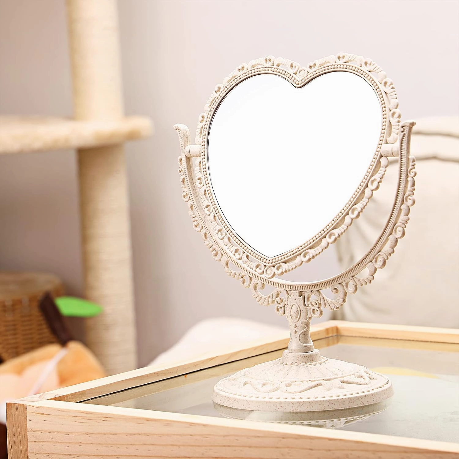 Beaupretty Double Makeup Standing Mirror Sided Mirror with 360 Degree Rotation Table Top Heart Shape Makeup Cosmetic Swivel Vanity Mirror Mirror Tabletop Makeup Mirror (Beige)