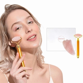 Beauty Bar 24K Rose/Golden Facial Massager, Natural Rose Quartz Stone Roller & Gua Sha Facial Massager Tool Body Face Massage Relaxation W3916 (Gold)