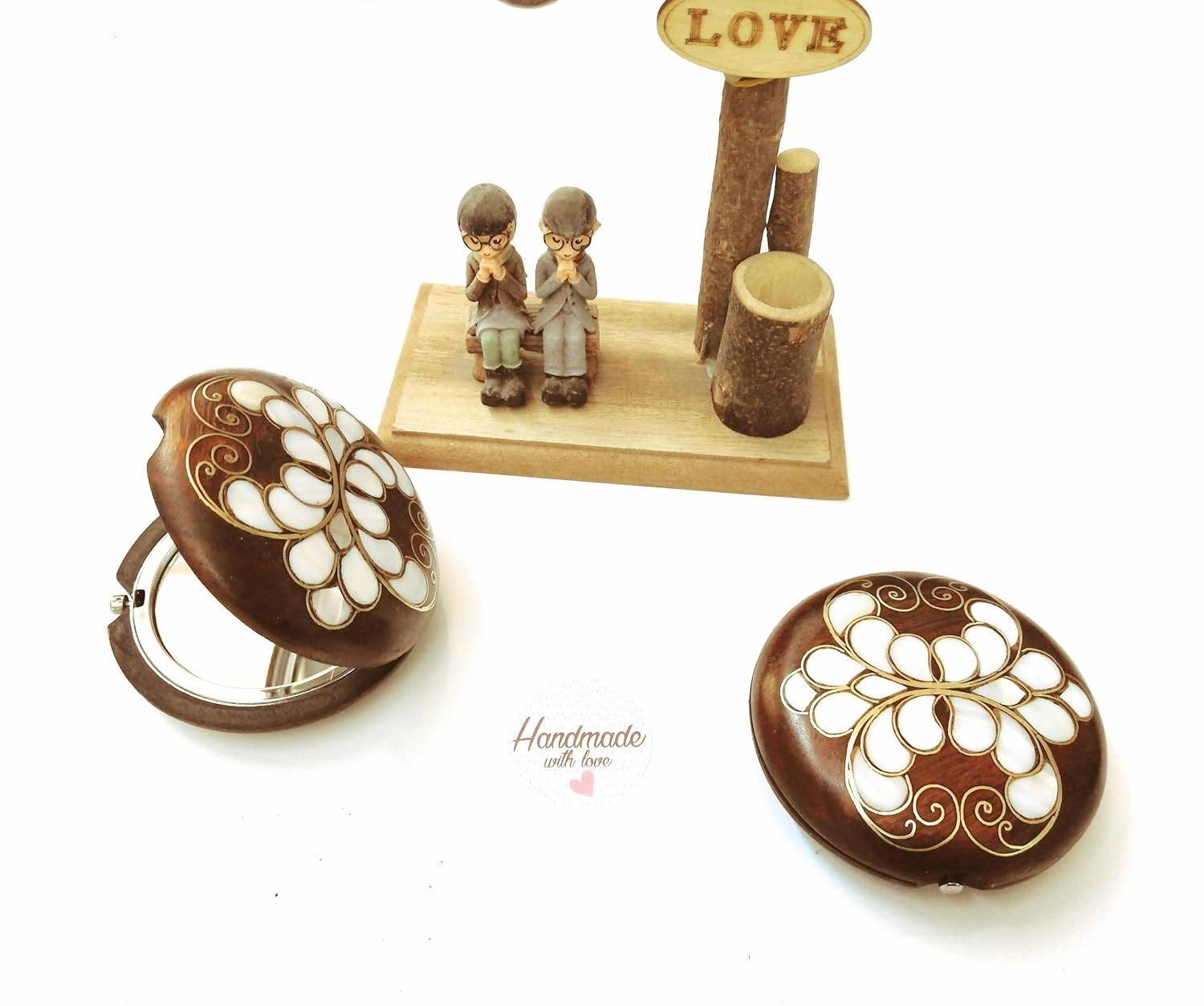Beauty set for ladies Natural Wood Pearl Hairpin Mirror-Mother of Pearl Inlaid Hand work Hairpin Makeup Mirror-Bag mirror (Hand-held mirror  Oval Bag mirror Hair clip Set of 3)