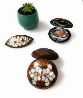 Beauty set for ladies Natural Wood Pearl Hairpin Mirror-Mother of Pearl Inlaid Hand work Hairpin Makeup Mirror-Bag mirror (Hand-held mirror  Oval Bag mirror Hair clip Set of 3)