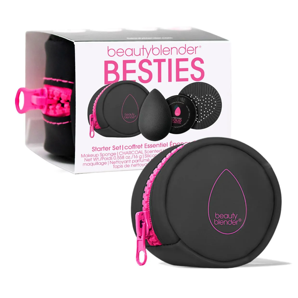 Beautyblender® | Besties Charcoal Blend & Cleanse 4-Piece Starter Set, Pro Black Makeup Sponge   Solid Charcoal Cleanser .558 oz   Silicone Scrub Mat   Travel Case, Made in USA, Vegan, Cruelty Free