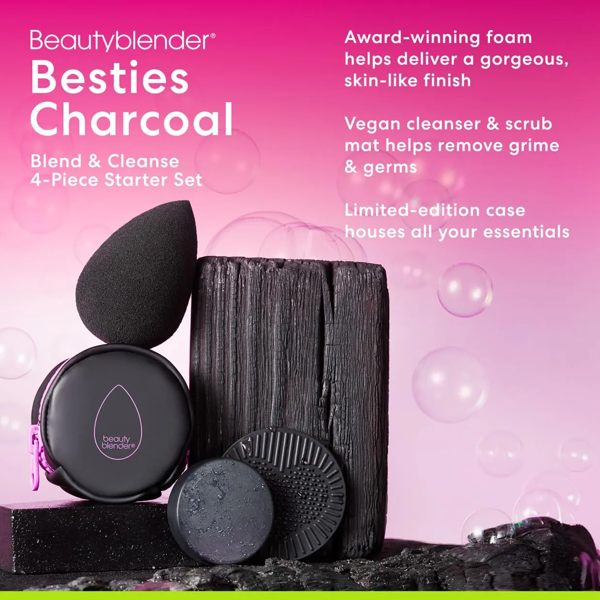Beautyblender® | Besties Charcoal Blend & Cleanse 4-Piece Starter Set, Pro Black Makeup Sponge   Solid Charcoal Cleanser .558 oz   Silicone Scrub Mat   Travel Case, Made in USA, Vegan, Cruelty Free