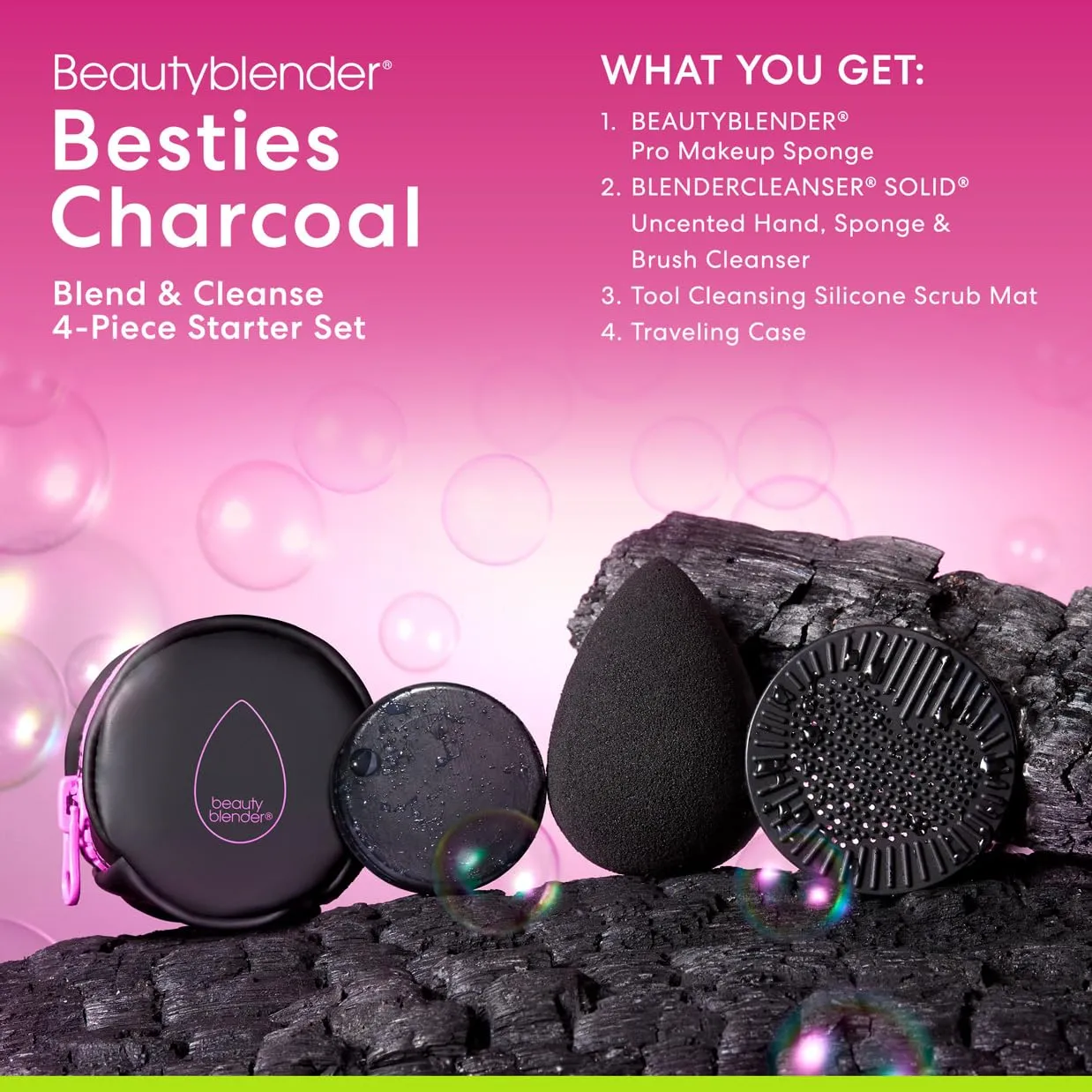 Beautyblender® | Besties Charcoal Blend & Cleanse 4-Piece Starter Set, Pro Black Makeup Sponge   Solid Charcoal Cleanser .558 oz   Silicone Scrub Mat   Travel Case, Made in USA, Vegan, Cruelty Free