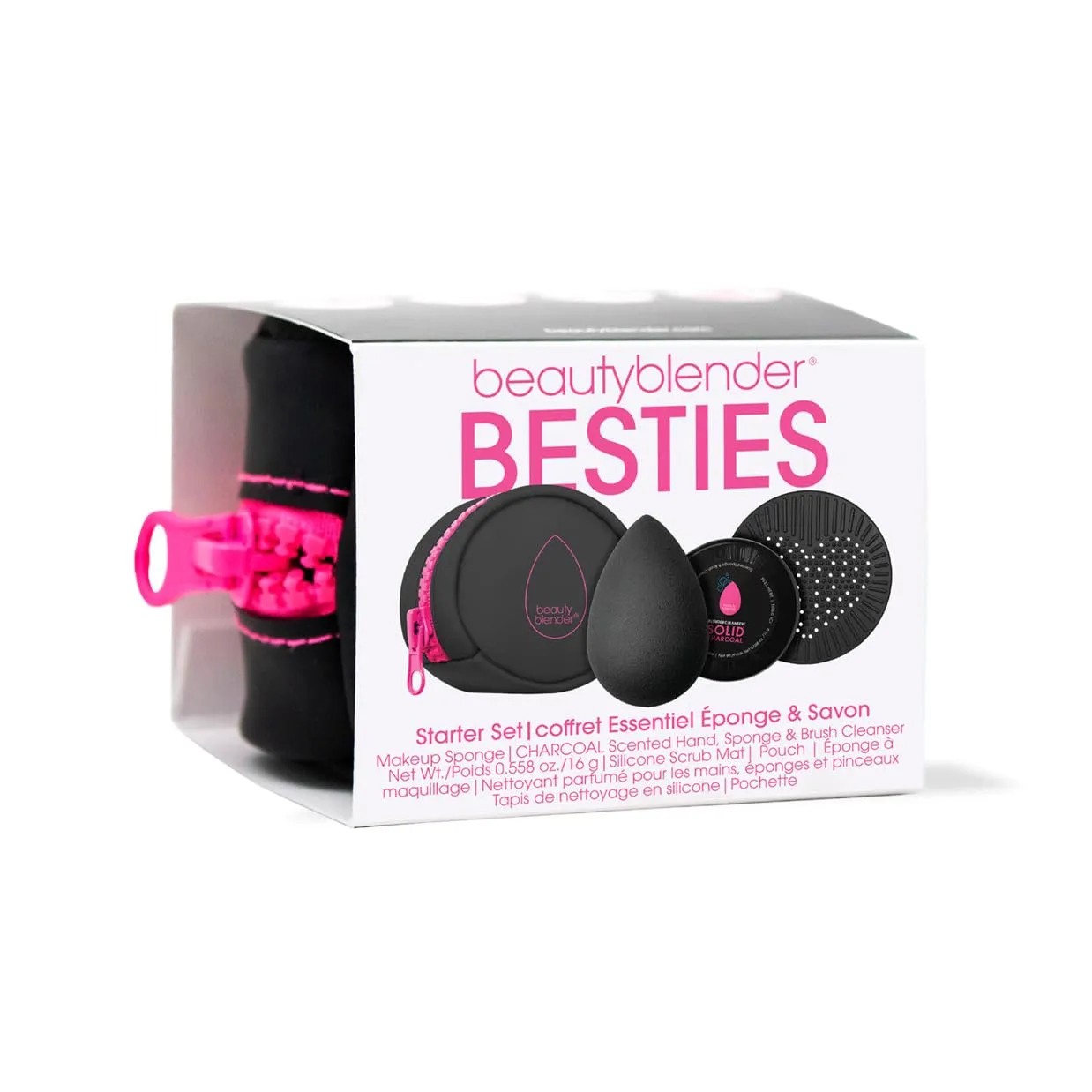 Beautyblender® | Besties Charcoal Blend & Cleanse 4-Piece Starter Set, Pro Black Makeup Sponge   Solid Charcoal Cleanser .558 oz   Silicone Scrub Mat   Travel Case, Made in USA, Vegan, Cruelty Free