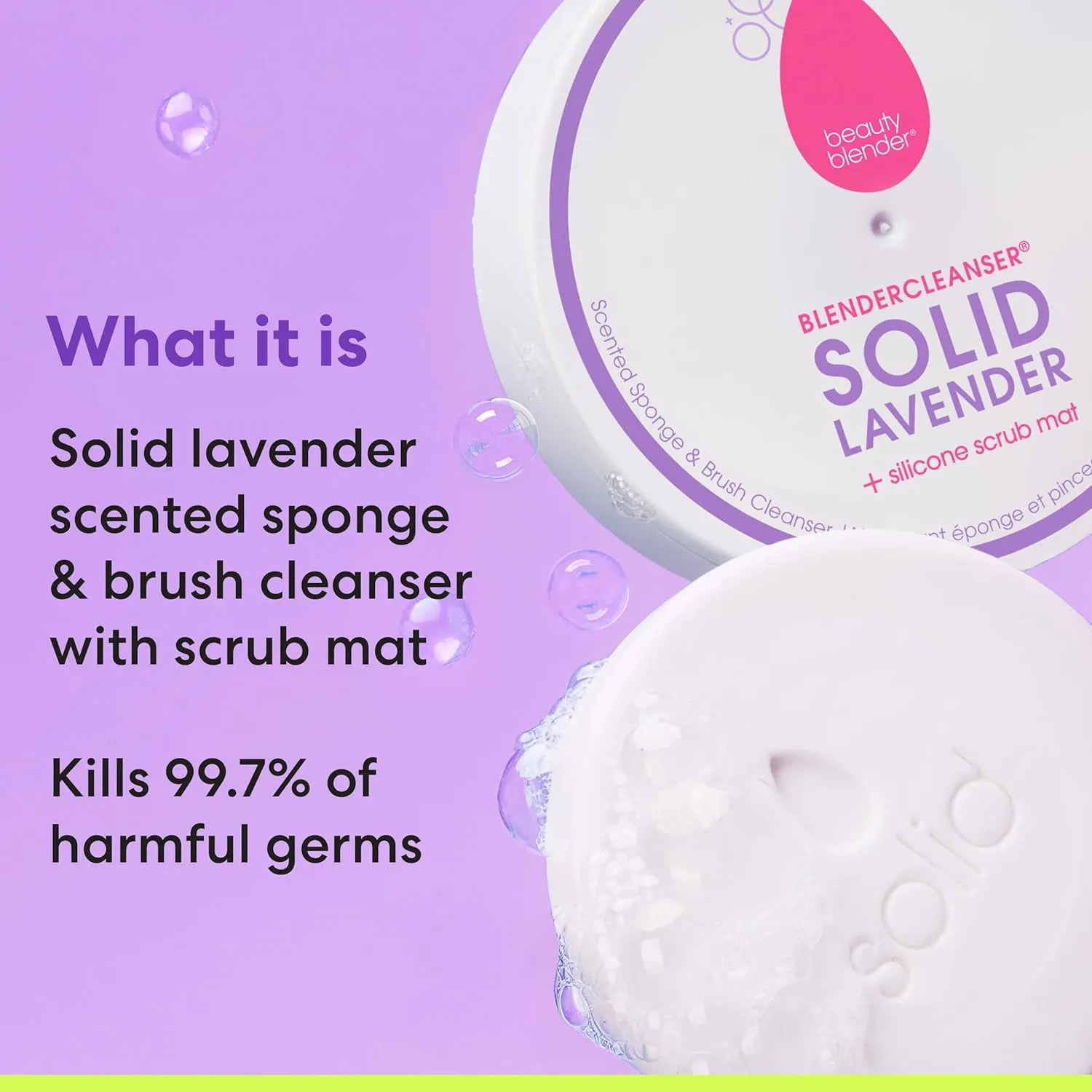 Beautyblender® | Blendercleanser® Solid Lavender Makeup Sponge & Brush Cleanser   Silicone Scrub Mat, Cleansing Tool & Scented Makeup Sponge Cleaner, Vegan, Cruelty Free, Made in the USA, 1 oz