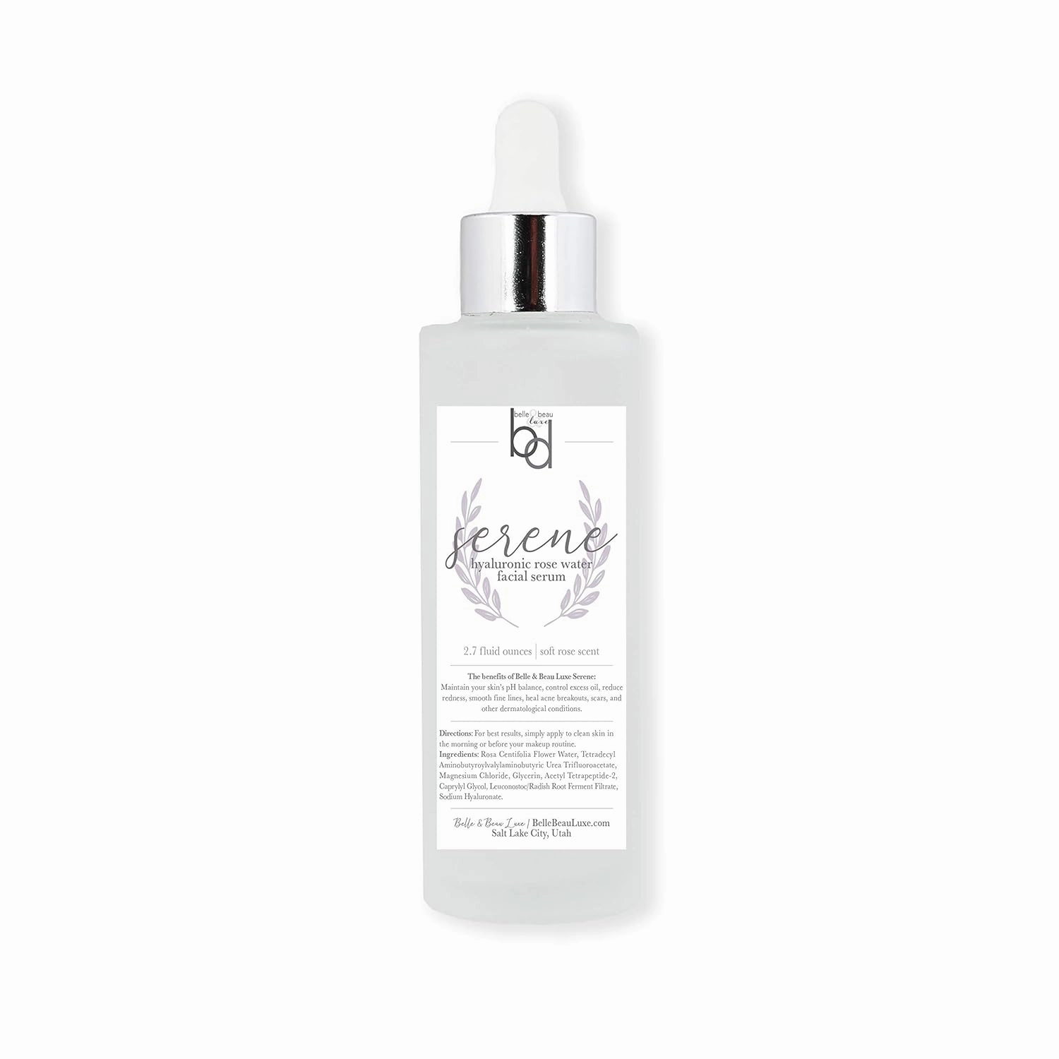 Belle & Beau Luxe Serene - Hyaluronic Acid & Rose Water Facial Serum 2.7 Fl Oz - Maintain Your Skin pH Balance, Reduce Redness, Excess Oil, Smooth Lines, and Moisturize