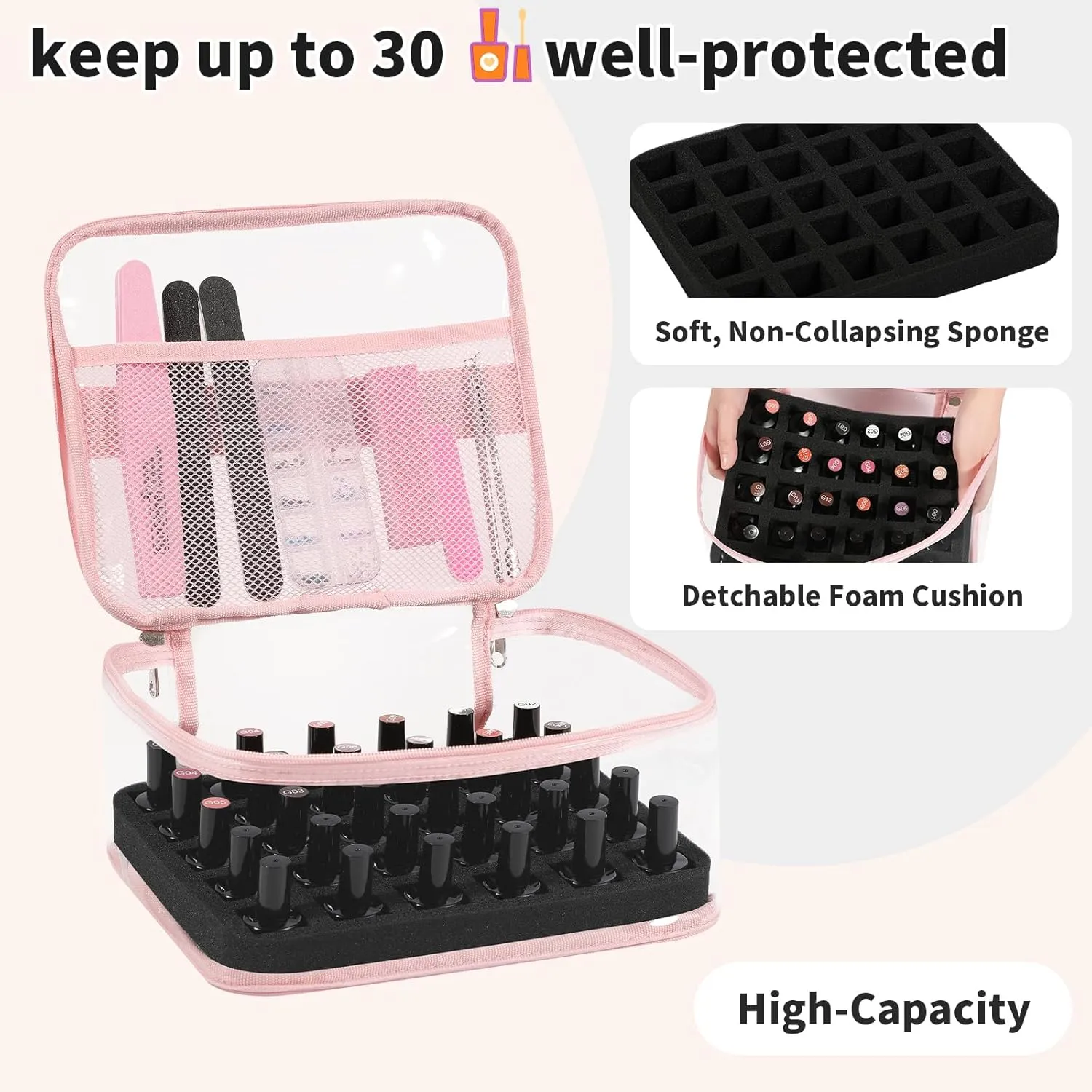Beloving Clear Nail Polish Organizer Holds 30 Bottles PVC Nail Polish Case See-Through Nail Supplies with Manicure Tools Storage Sections, Portable Travel Nail Tech Carrying Bag for Storage Display